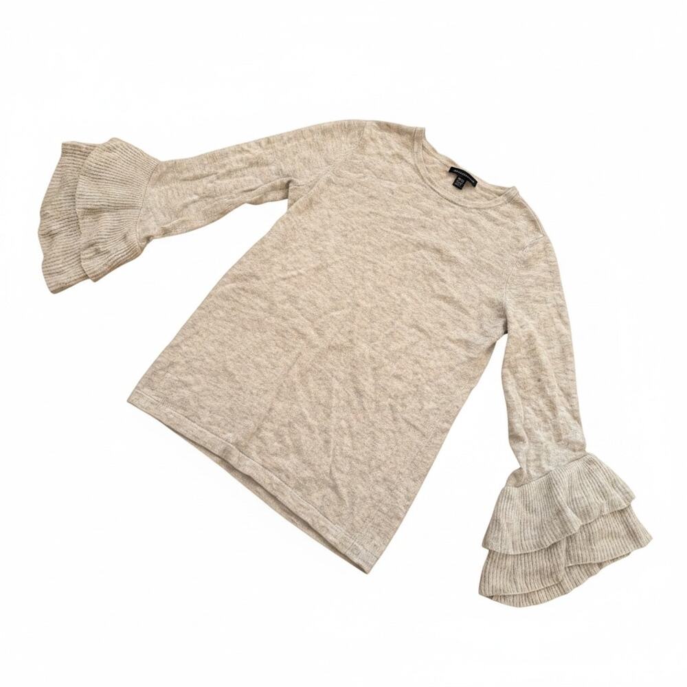 Saks Fifth Avenue Light Heather Grey Ribbed Ruffle Wrist Crewneck Sweater Small